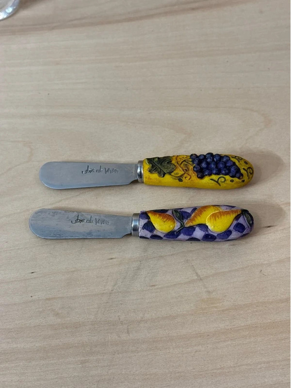 Vintage Joie De Vivre Ceramic Fruit Spreader Knives Stainless Steel Set of 2